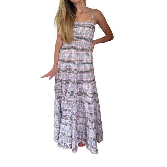 NEW FRNCH dalel americana gingham print shirred maxi dress in blue - Picture 1 of 5
